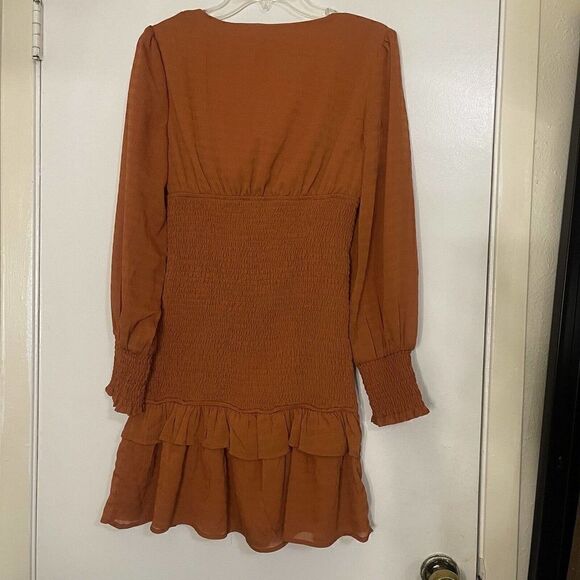 NEW! Storia Cinch orange long sleeve ruffle bodycon mini dress size Medium - Picture 6 of 7